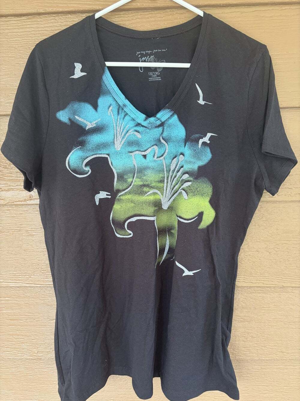 Just My Size Black V-Neck Floral Print T-Shirt 1X/1XG